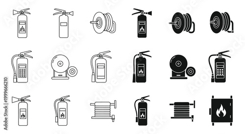 fire safety equipment icons in black and white silhouette high quality professional detailed modern elegant stylish clean crisp vibrant colorful digital