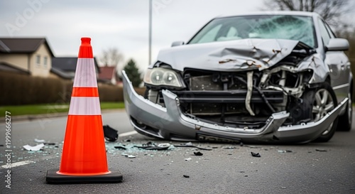 Silver car damaged in accident with traffic cone on road