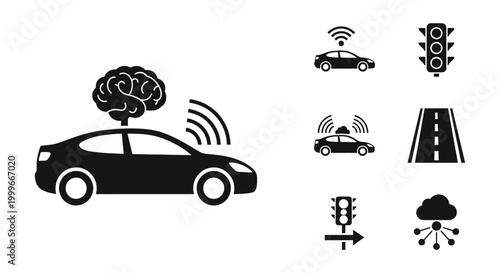 autonomous car with brain and sensor icons silhouette high quality professional detailed modern elegant stylish clean crisp vibrant colorful digital creative