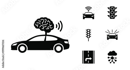 self driving car with brain and signal icons silhouette high quality professional detailed modern elegant stylish clean crisp vibrant colorful digital