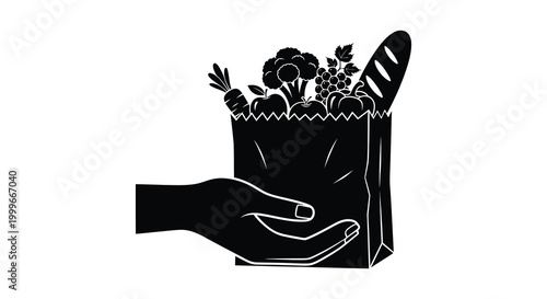 hand holding grocery bag filled with fruits vegetables and bread silhouette high quality professional detailed modern elegant stylish clean crisp vibrant