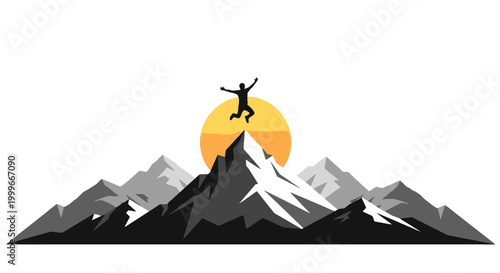 Man jumping on mountain peak at sunset.
