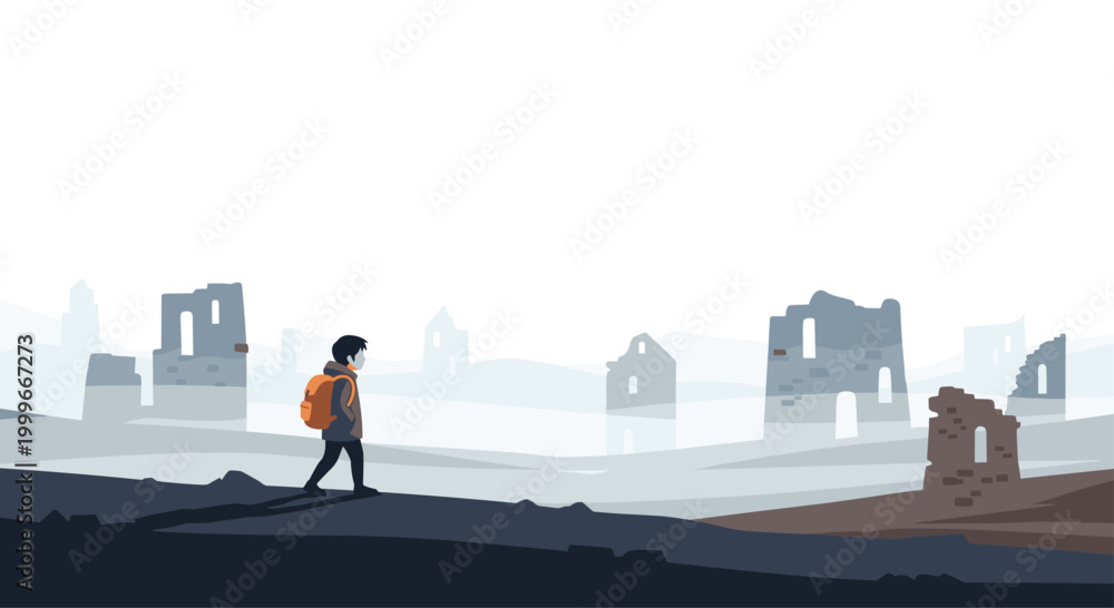 Obraz premium A small child carrying an orange backpack walks across a dark rocky terrain toward a series of faint ancient stone ruins set within a foggy and minimalist landscape.