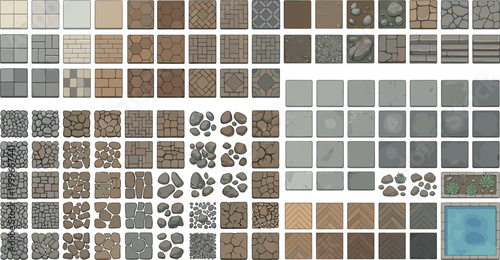 Stone tiles and pavement textures set, garden landscaping assets with concrete slabs and wood parquet floor, top view game building kit on transparent background