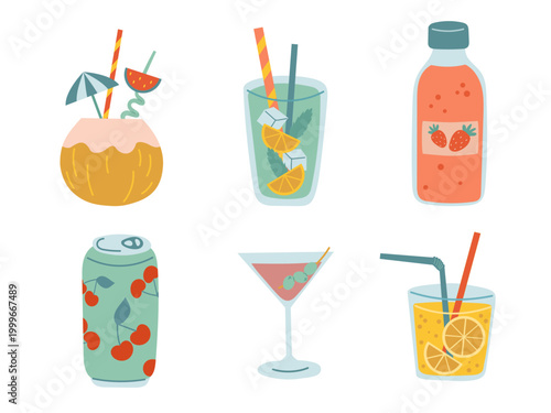 Set of summer drinks in flat vector style: coconut, cocktails, juices and soda. Bright, refreshing beverages with fruit, ice, and straws, perfect for beach and vacation themes.