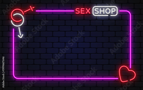 Bold neon vector frame with sex shop lettering and playful arrow symbol. Designed for adult store branding, window signage, and modern erotic layouts.