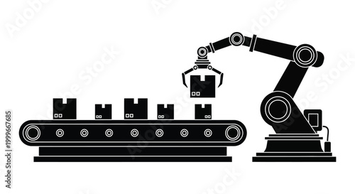 robotic arm moving boxes on conveyor belt silhouette high quality professional detailed modern elegant stylish clean crisp vibrant colorful digital creative