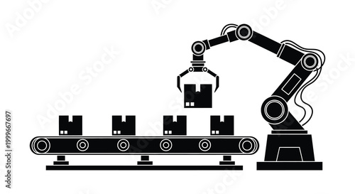 robotic arm moving boxes on conveyor belt silhouette high quality professional detailed modern elegant stylish clean crisp vibrant colorful digital creative