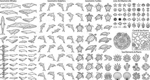 Geometric marine life collection, origami style whale dolphin and turtle vector icons with coral sea plants line art on transparent background