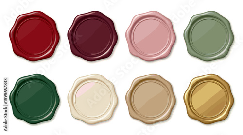 A set of colorful wax seals in various hues on a white background