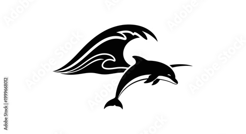 Black silhouette of a jumping dolphin.