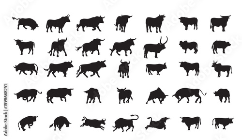 A collection of black silhouettes of bulls and cows in various poses on a white background