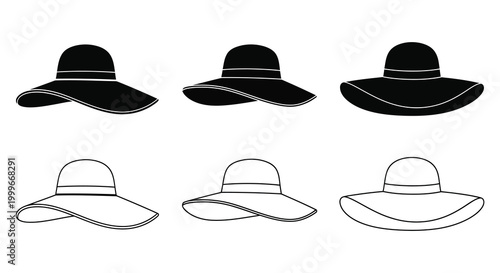 wide brimmed hat silhouettes in black and white on white background silhouette high quality professional detailed modern elegant stylish clean crisp vibrant