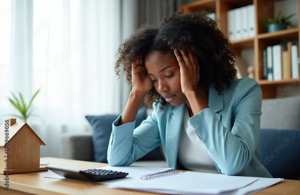 Obraz premium Young woman with hands on head looks down stressed at bills and calculator. Female worries about money and housing debt. Home budget planning shows financial strain and worry.