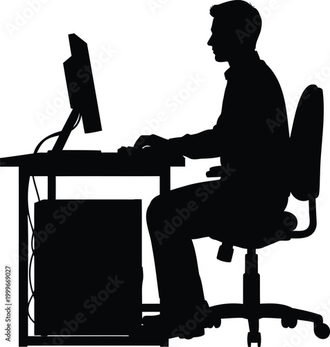 Man sits working at computer, office work, programming or learning a new skill vector illustration.