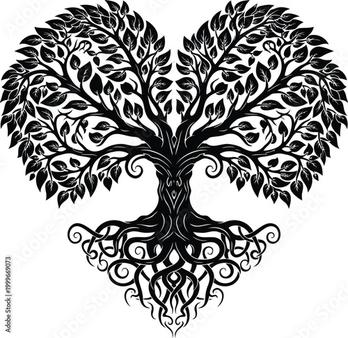 Tree of life heart shaped, sacred geometry ancient roots illustration vector.