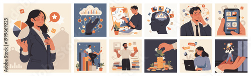 Cuadro en lienzo Business analytics and finance set, flat cartoon characters with data, investment, education and growth concepts