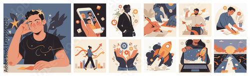 Business startup and career set, flat cartoon characters with motivation, launch, social media and growth concepts. Vector