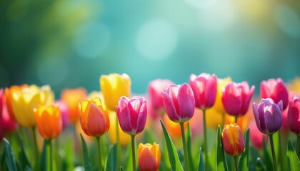 Colorful tulips bloom in a sunlit garden. Fresh spring flowers create a vibrant natural backdrop for seasonal themes and celebrations. Gentle breeze stirs petals.