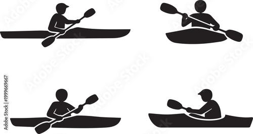 black kayak silhouette paddling on water flat design vector illustration