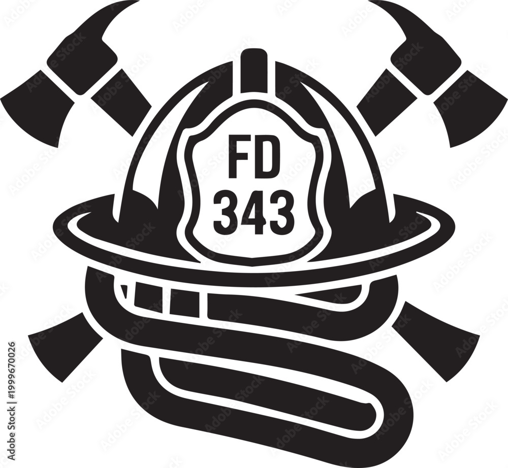 Black and white graphic illustration of a firefighters helmet with fd 343 on the shield and crossed axes behind it on white background