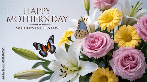 Happy Mother's Day with elegant pink roses, white lilies, yellow gerbera daisies and butterflies.
