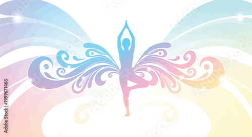 Colorful silhouette of a person gracefully practicing a peaceful yoga tree pose amidst vibrant abstract patterns