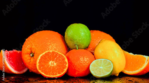 oranges, lemons, and limes on a black background