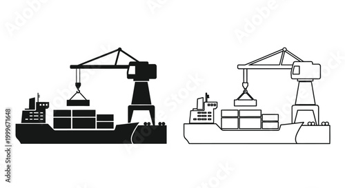 Port crane and cargo ship silhouette high quality