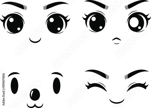 Set of cute anime and manga faces with expressive eyes eyebrows and smiles in black and white minimalist style for character design and stickers