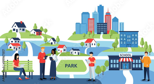 City park, urban landscape, green space, community illustration, vector cityscape