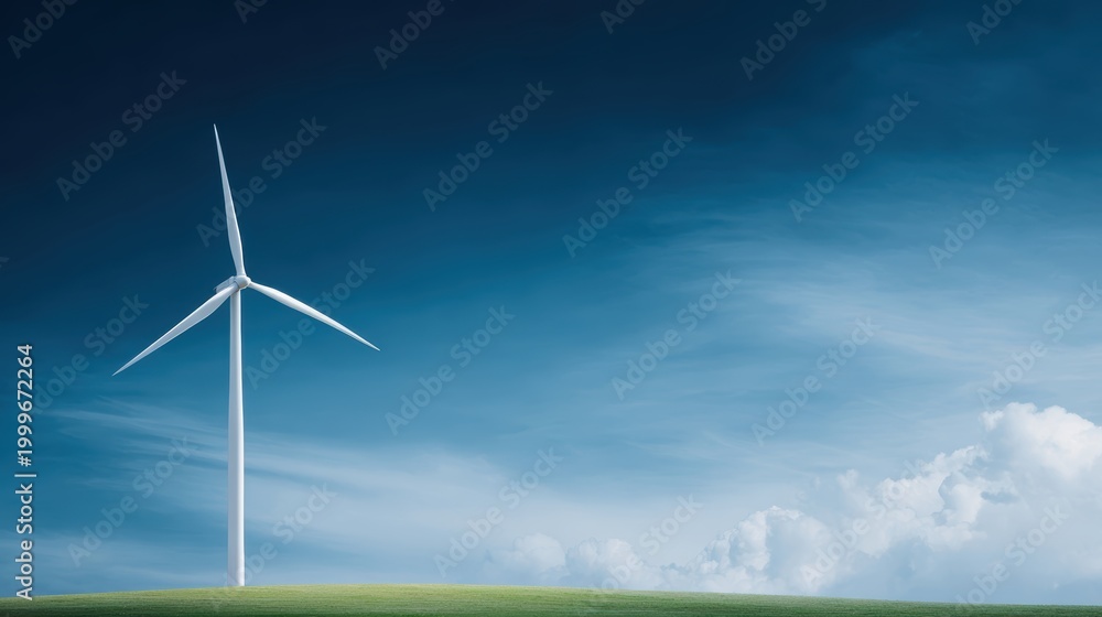 Fototapeta premium Realistic photography of a single wind turbine on a grassy hill, massive clear blue sky with plenty of copy space