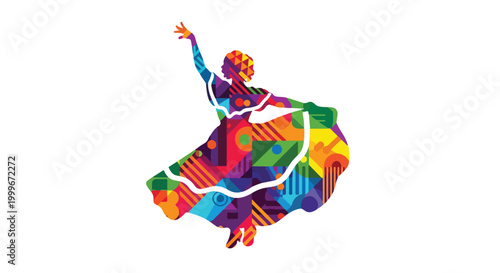 Vibrant dancer in colorful traditional attire performing dynamic movement with raised arm