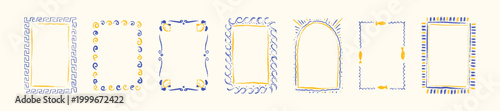 Foto Set of summer Mediterranean blue and yellow hand drawn doodle crayon, chalk, pencil, charcoal frames