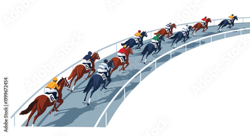 Horses and jockeys racing on a track with a white railing at high speed