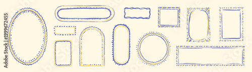 Summer blue and yellow crayon frame set. Hand drawn oval, circle, round, rectangle, square hand drawn mosaic Mediterranean style boarder. Coastal pencil scribble frame. Aesthetic wedding crayon border