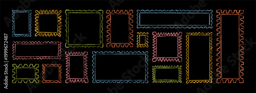 Colorful crayon postage stamp funky background. Hand drawn pencil scallop, zigzag, wavy, squiggly frame acid color quirky layout template. Whimsical handwritten square, rectangle kid borders