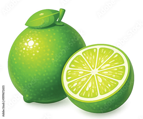 Lime fruit whole and half cut, flat vector Thai food ingredient isolated on transparent background