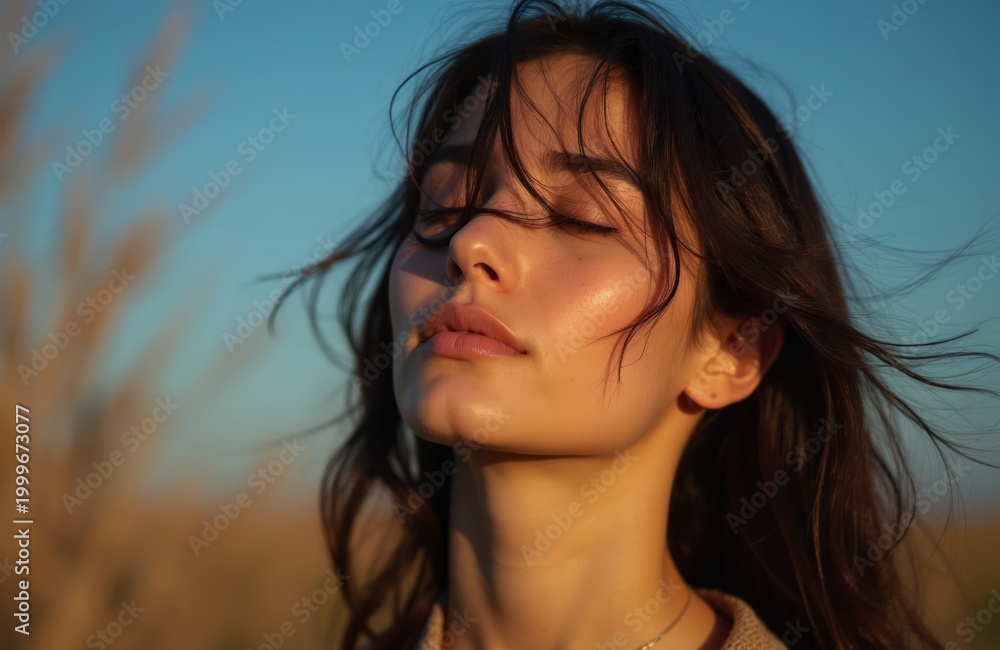 Fototapeta premium Young woman feels freedom in nature, wind blows her hair. She closes eyes, smiles softly, enjoying peaceful moment outdoors in golden hour light. Serene bliss.