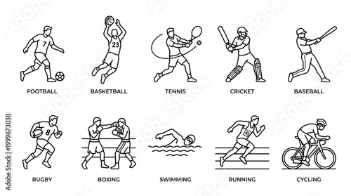 10 Sports Players Line Art Collection Sheet Monoline Vector Athletes Action Poses Set Illustration