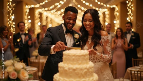 Happy bride and groom cut tiered wedding cake. Couple smiles at reception party with guests clapping in background. Festive indoor celebration with lights.
