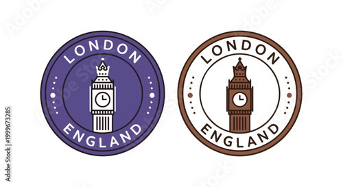 London England travel icons featuring Big Ben clock tower landmarks