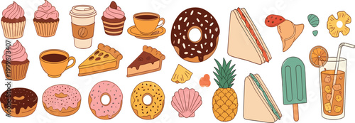 Bakery and snack vector set featuring coffee, cupcakes, donuts, sandwiches and desserts, cute food illustration collection