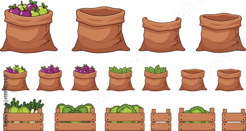 Vegetable storage sacks and crates vector set featuring fresh produce bags and wooden boxes, farm harvest illustration collection