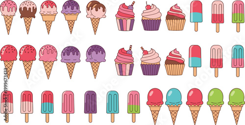 Ice cream and popsicle vector set featuring cones, cupcakes and frozen desserts, colorful sweet treats illustration collection