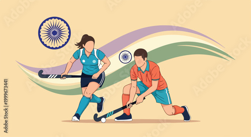 Women's field hockey players in action with sticks and Indian flag background