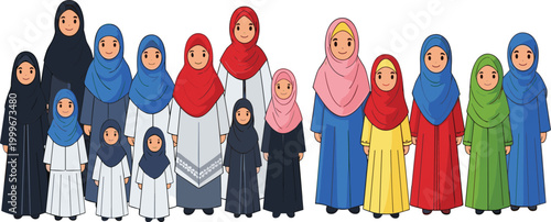 Muslim women and girls vector set featuring diverse hijab styles and traditional clothing, Islamic female characters illustration collection