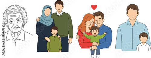 Family portraits vector set featuring parents, children and elderly woman, happy family relationships and generations illustration collection