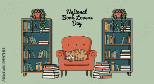 Cozy reading nook with cat on National Book Lovers Day surrounded by bookshelves