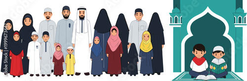 Muslim family and children reading Quran vector set featuring Islamic people, traditional clothing and mosque scene illustration collection